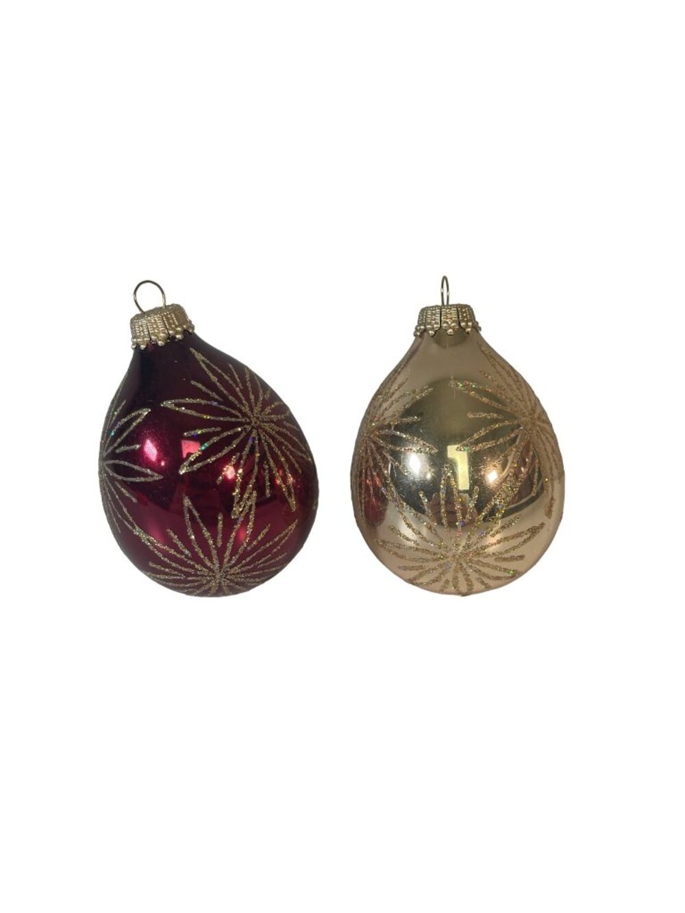 Glass Christmas Ornaments Burgundy Gold Glitter Teardrop Holiday Decor Set Of 2